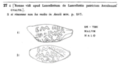 Ausschnitt aus der Edition der römischen Schleuderbleie mit Inschriftentexten von Karl Zangemeister aus dem Jahr 1885. Schleuderblei mit dem mitgegossenen Text "Em tibe malum malo" im Sinne von "Dir Verbrecher bereite ich selbst Übel".